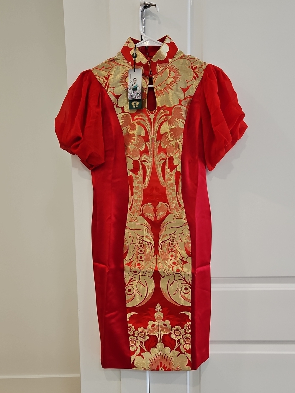 Red and Gold Brocade Kids Dress with Puff Sleeves